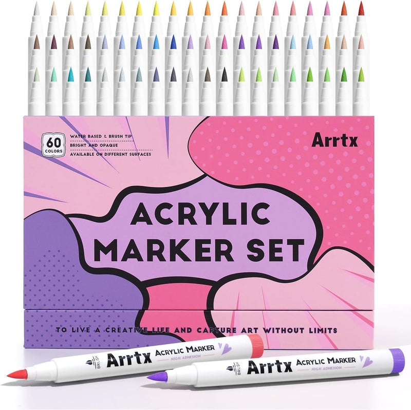 Arrtx Acrylic Paint Markers 60B, Brush Tip Art Markers - Vibrant Colors, Smooth Writing for Rock Painting, Glass, Wood, Ceramic, Fabric & Stone Crafts,Arts & DIY Crafts - Image 1